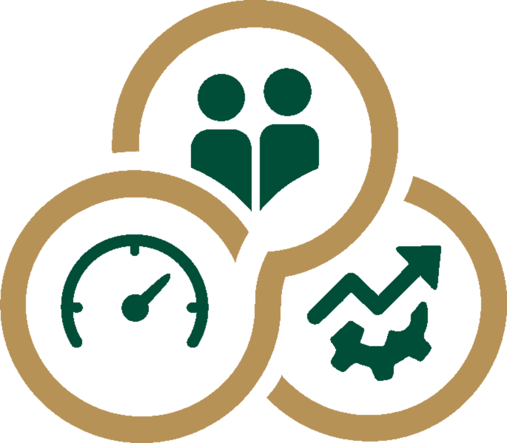 A site logo with 3 rings. The first ring has a speed dial for the short run. The second ring has two workers representing the labor force in the medium run. And the third ring has an upward trend line on a gear representing technological growth over the long run.